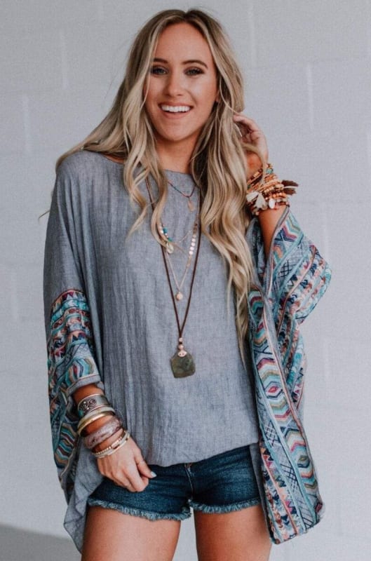 Fallon Embroidered Sleeve Kimono - Charcoal  - Three Bird Nest