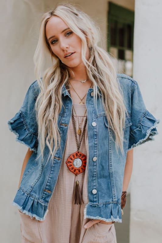 Scottie Ruffle Denim Jacket in Light Blue from Three Bird Nest