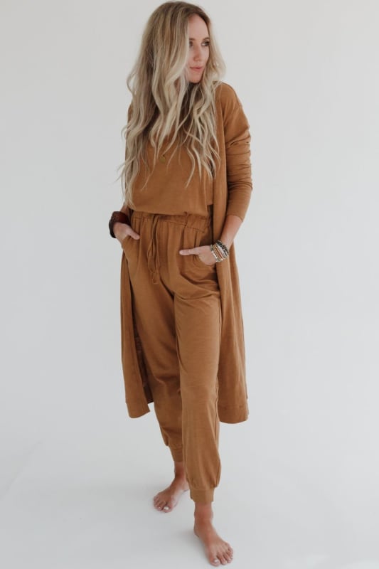 3BN Set to Go Textured Jumpsuit And Cardigan Set - Camel | Dresses - Three Bird Nest