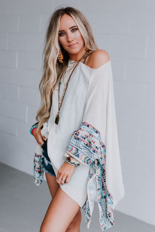 Fallon Embroidered Sleeve Kimono - Ivory - Three Bird Nest