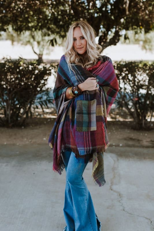 Cozy Plaid Pocket Ruana Wrap - Fuchsia - Three Bird Nest