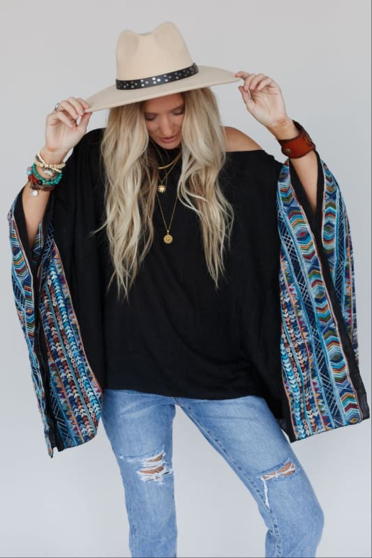 Fallon Embroidered Sleeve Poncho - Black | Kimonos - Three Bird Nest