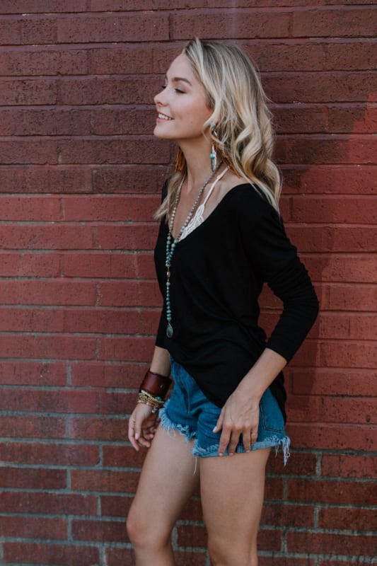 Ryder Long Sleeve Scoop Neck Bralette Tee - Black - Three Bird Nest