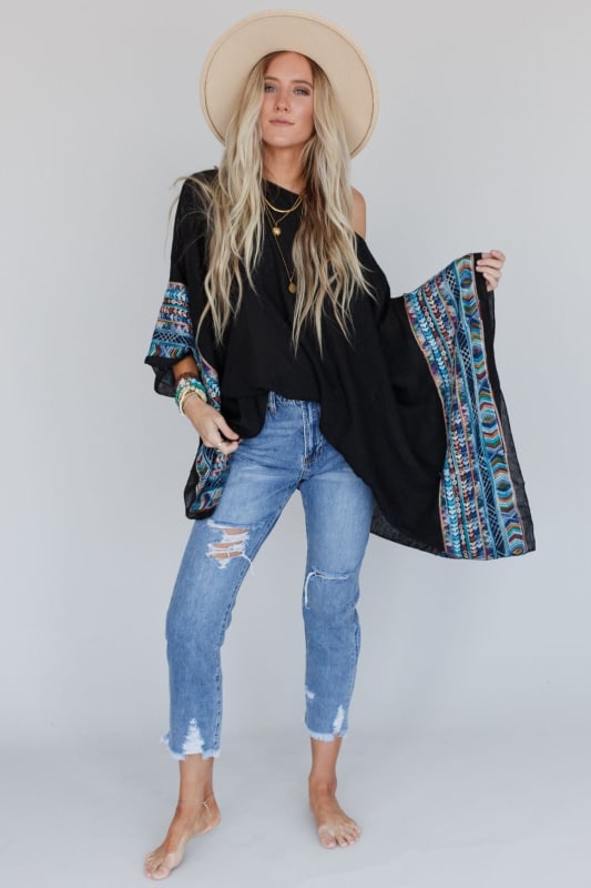 Fallon Embroidered Sleeve Poncho - Black | Kimonos - Three Bird Nest