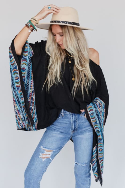 Fallon Embroidered Sleeve Poncho - Black | Kimonos - Three Bird Nest
