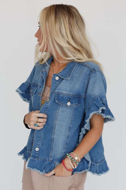 Scottie Ruffle Denim Jacket in Light Blue from Three Bird Nest