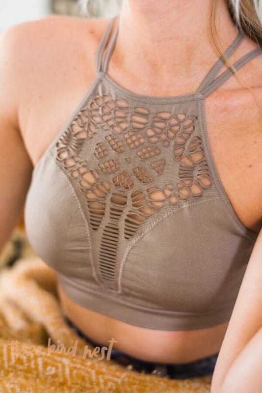 Floral Cut Out High Neck Bralette - Mocha - Three Bird Nest