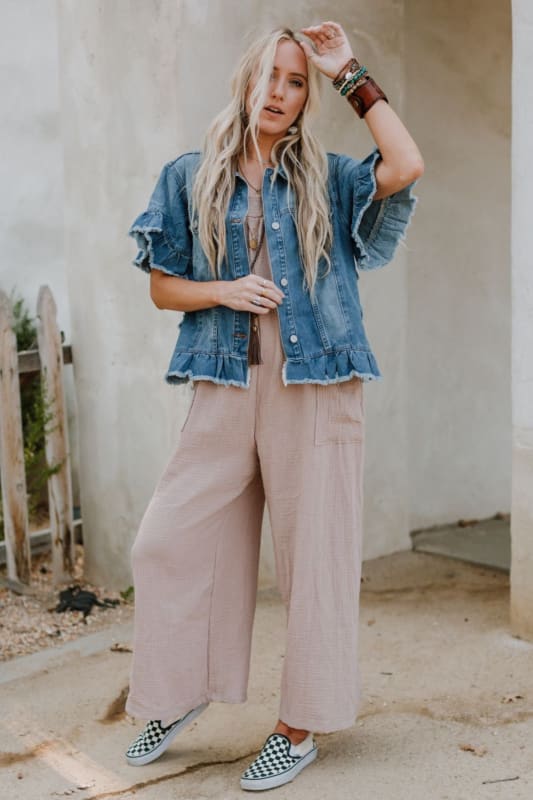 Scottie Ruffle Denim Jacket in Light Blue from Three Bird Nest